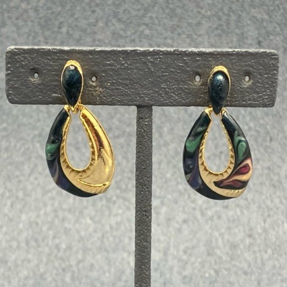 Clip On Earrings As Is Teardrop Hoop Gold Green Red Cream Enamel Swirl USA - Picture 1 of 7